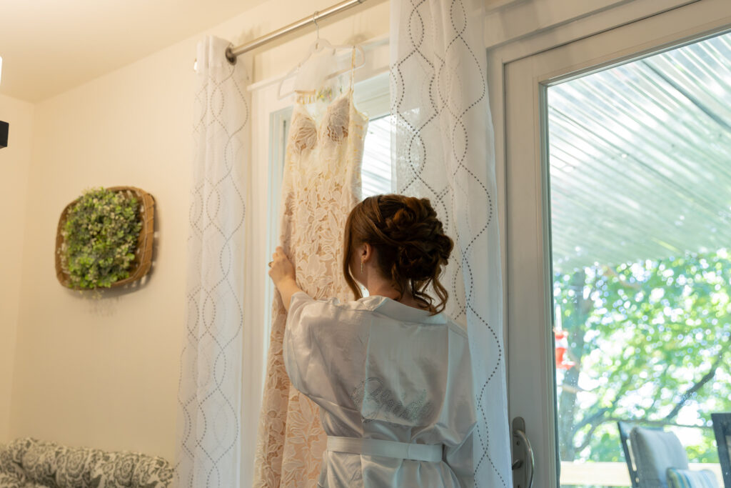 Intimate wedding detail photos, with wedding dress and bride