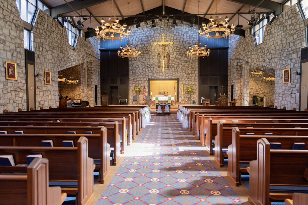 A detail image of the catholic church where the wedding took place. It's an empty church before the family enter.