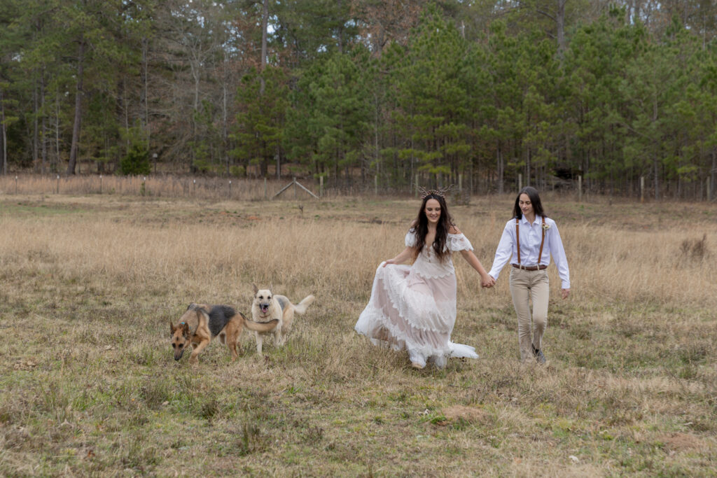 georgia elopement photographer, lgbtq wedding, dogs as witnesses, love is love, georgia elopements, elopement photography, running through the field