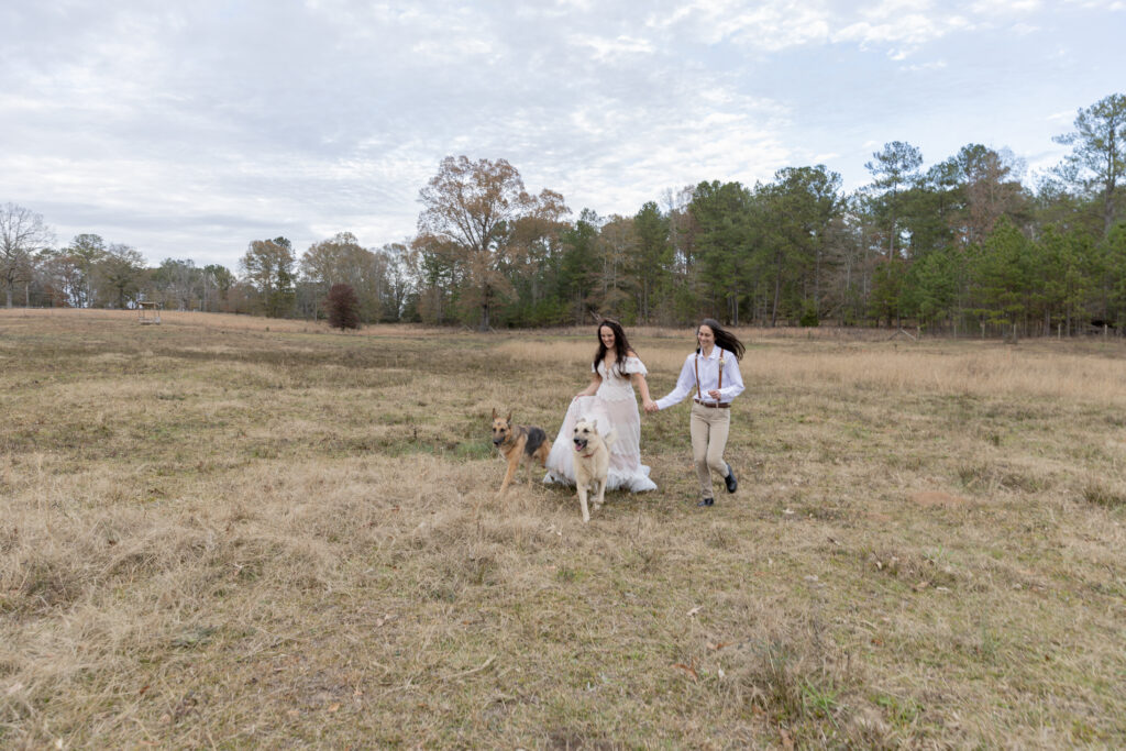 georgia elopement photographer, lgbtq wedding, dogs as witnesses, love is love, georgia elopements, elopement photography, running through the field